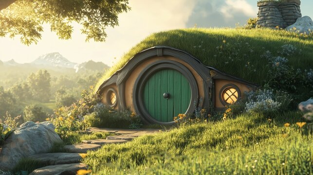 Hobbit-style house with a round green door, embedded into a grassy hillside, small charming windows, fairytale-like setting