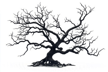 Silhouette of a spooky dead tree with bare branches reaching out, isolated on a white background