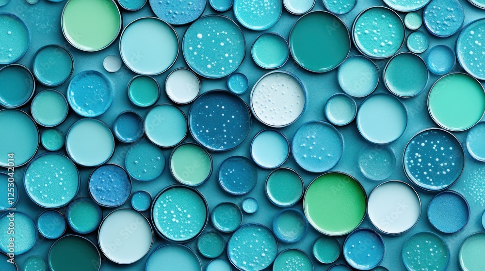 Aufkleber vibrant blue and green circular shapes with water droplets on a smooth surface for creative backgrou