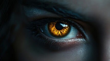 close up photograph of woman eye, showcasing striking golden iris details and captivating gaze. image evokes sense of mystery and depth