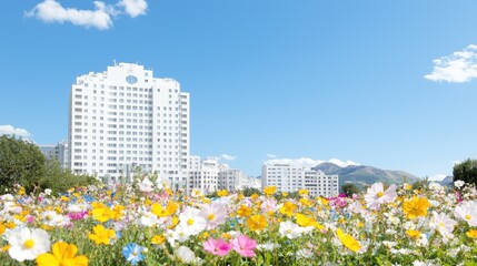 Colorful flowers, modern buildings, sunny day, city park scene, background image,  use for wallpaper or advertising