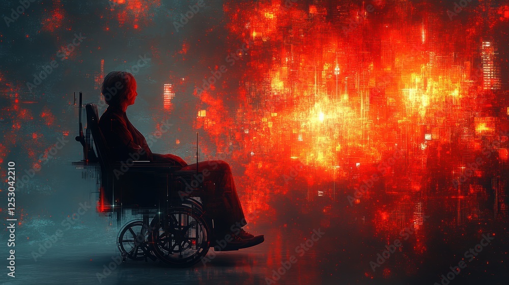 Poster a person in a wheelchair gazing at a vibrant digital display of red patterns in a futuristic setting