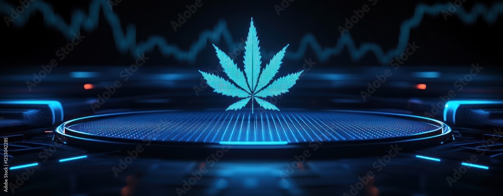 Poster abstract digital background featuring a glowing cannabis leaf with futuristic holographic elements a