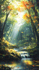 Obraz premium An Enchanted Autumnal Forest: Nature's Serene Ballet under a Sunlit Canopy