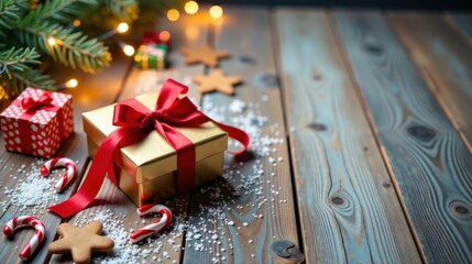 A Festive Arrangement of Wrapped Gifts, Candy Canes, and Star-Shaped Cookies on a Rustic Wooden Surface with Twinkling Lights