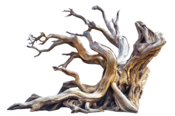 Twisted roots of an ancient dead tree exposed above the ground, isolated on a white background
