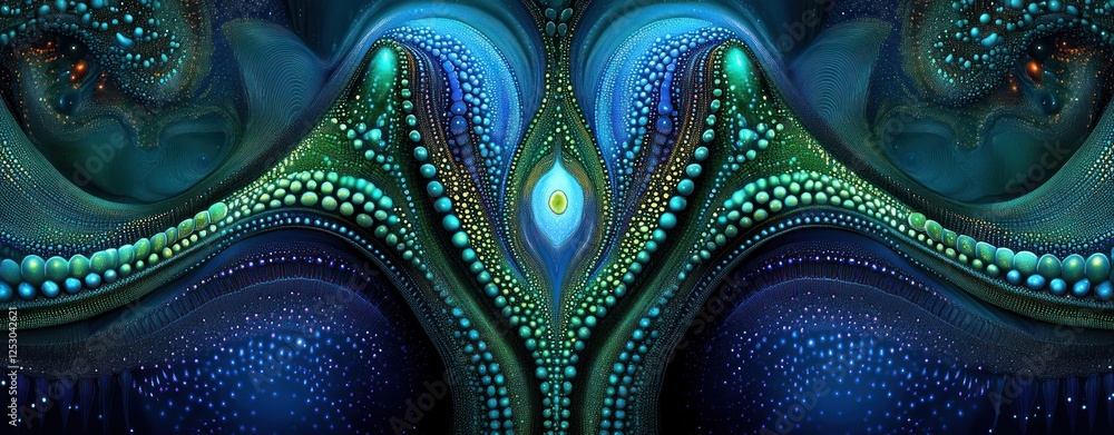 Poster abstract blue and green pattern with swirling forms and dots representing depth and complexity