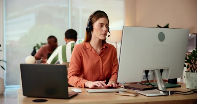 Call center, businesswoman and research with computer for consultant, customer information and telemarketing. Office, digital and sales representative with headset for client report, typing and faq