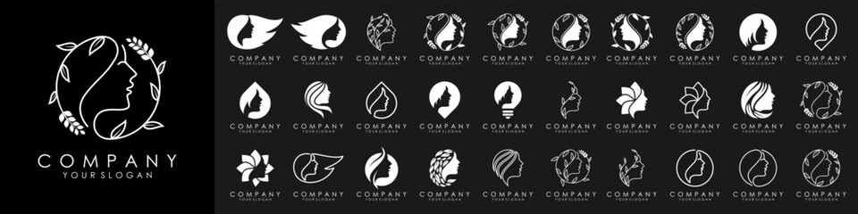 set of Beautiful woman's face flower star with line art style logo design. Abstract design concept for beauty salon, massage, magazine, cosmetic and spa.