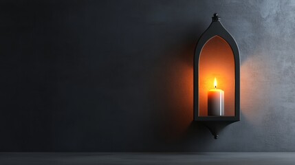 Glowing arabic lantern with burning candle casting warm light in a dark ambiance, showcasing traditional islamic metalwork and intricate patterns for ramadan, eid, and middle eastern cultural celebrat