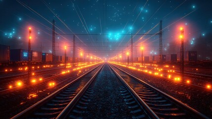 Futuristic railway scene at night with glowing lights and a starry sky, evoking a sense of travel