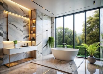 Fototapeta premium Luxurious Modern Bathroom: Elegant Marble Walls & Floors, Ample Copy Space
