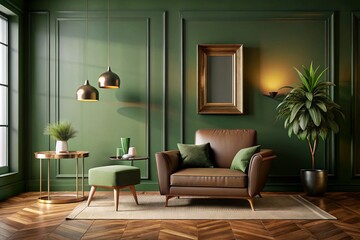 Luxurious Olive Green Reception Area: Empty Wall, Armchair, Art Gallery Setting