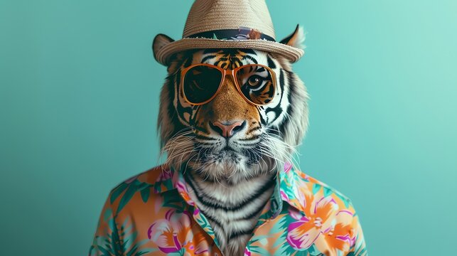 This is an image of a tiger wearing a straw hat and sunglasses. The tiger is looking at the camera with a serious expression.