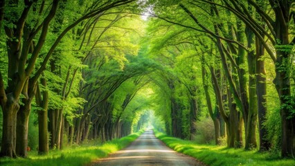 Dense foliage surrounds a serene, emerald-green tunnel of tall trees swaying gently in spring breeze, forest