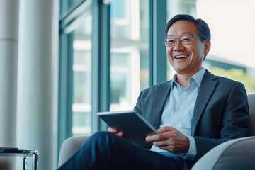 a man in a jacket and with a tablet in his hands in a chair