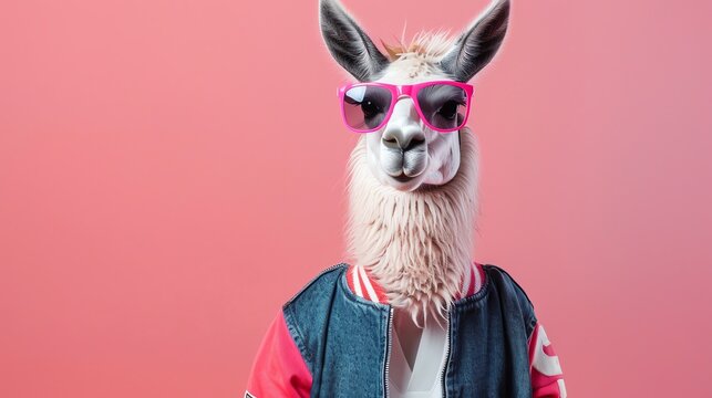 A llama wearing pink sunglasses and a denim jacket with a red and white striped collar.