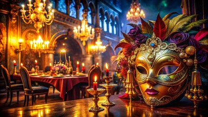 Obraz premium Luxurious Venetian Masquerade Party Background: Golden Details & High Depth of Field