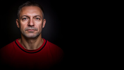 Obraz premium Portrait of a handsome caucasian middleaged man with serious face and look, standing in light over dark background, poster with blank empty space to add customized message, announcement or information