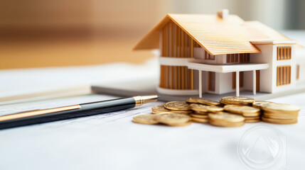 detailed image of model home with coins and pen, symbolizing real estate investment and financial planning. scene conveys sense of opportunity and growth