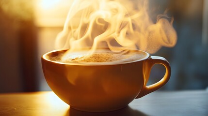 A detailed coffee cup with a contemporary design, filled with freshly brewed coffee and accented by subtle, curling steam in natural light.