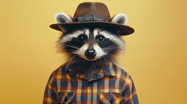 Funny raccoon in a hat and shirt. The raccoon is looking at the camera with a curious expression. It is wearing a brown hat and a plaid shirt.