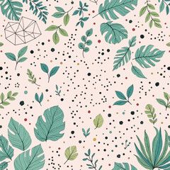 A variety of green leaves, including palm leaves, ferns, and other tropical plants, scattered across a light pink background with black dots. Vector patterns, random pattern