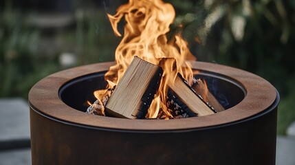 Rustic Corten Steel Fire Pit with Burning Wood Logs and Warm Flames in a Garden Setting