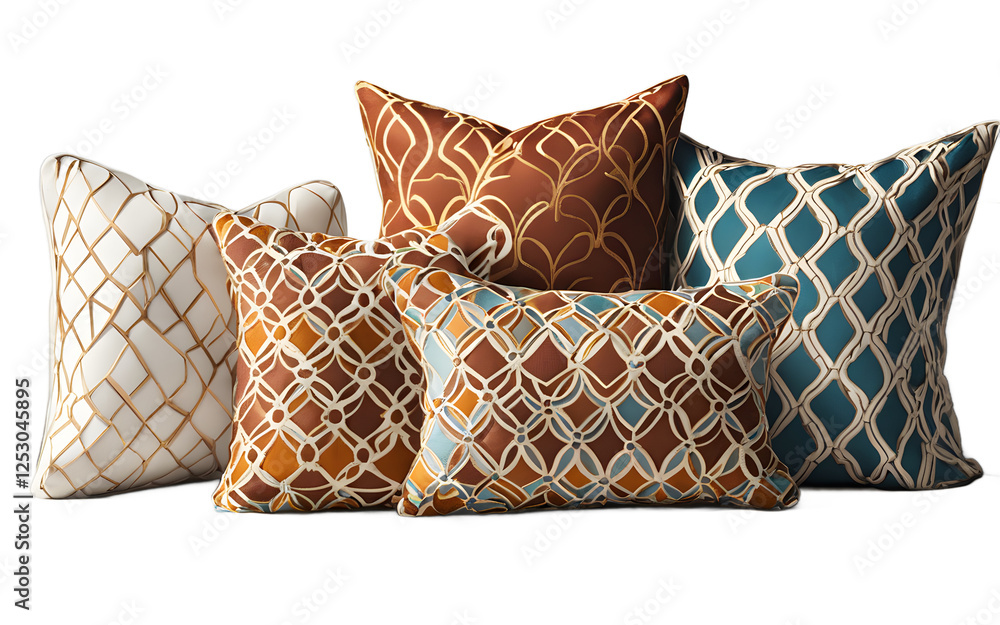 Poster A set of decorative pillows with geometric patterns on a  empty plain background
