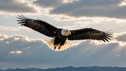 Obraz premium Majestic Bald Eagle in Flight Against a Stunning Cloudy Sky. Generative AI