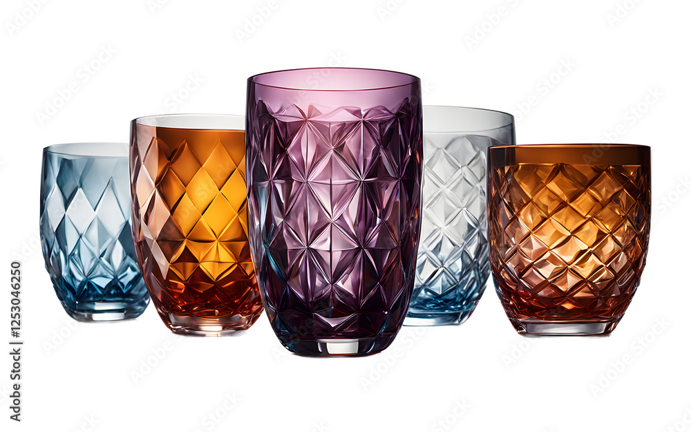 Poster a set of elegant glass tumblers with a geometric design on a empty plain background