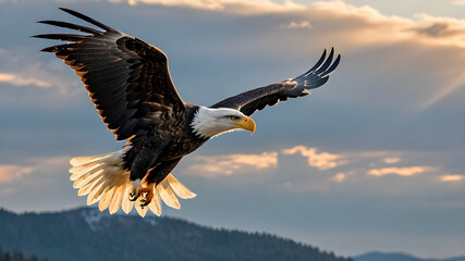 Obraz premium Majestic Bald Eagle in Flight Against a Stunning Cloudy Sky. Generative AI