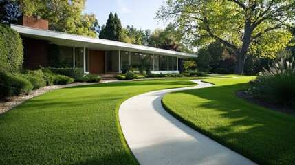 Modern House with Lush Green Lawn and Winding Pathway