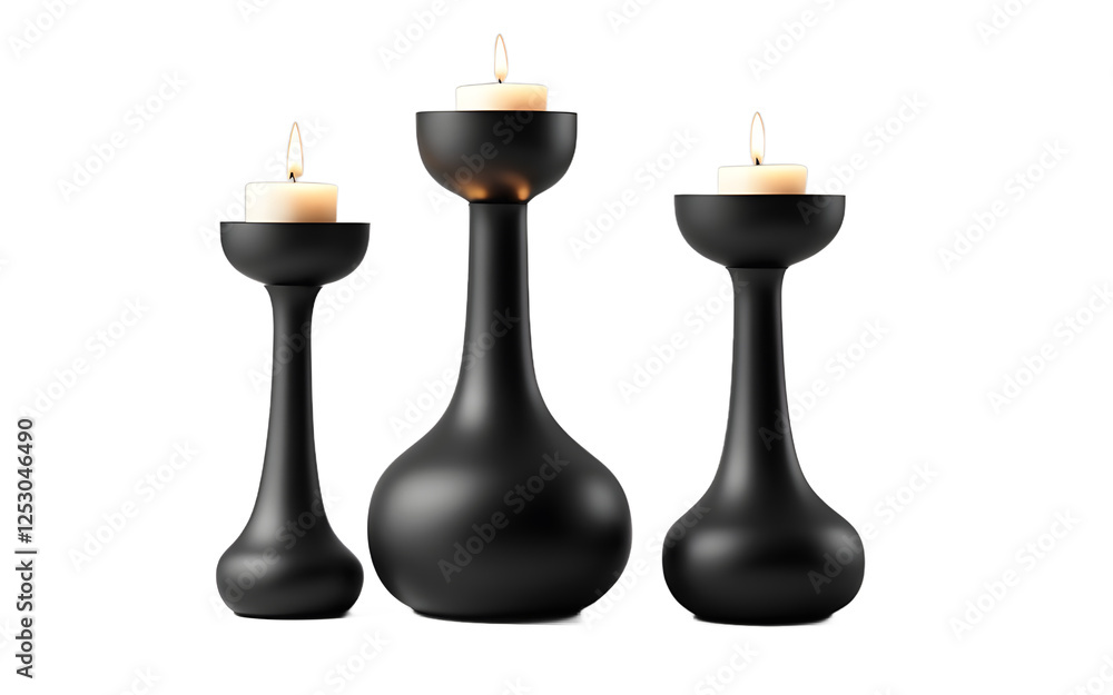 Poster a set of minimalist decorative candle holders in matte black on a empty plain background