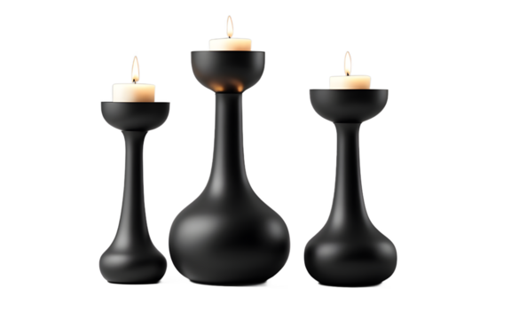 A set of minimalist decorative candle holders in matte black on a empty plain background