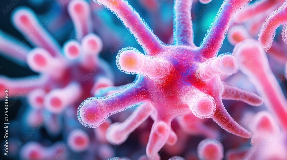 Poster microscopic view of colorful bacteria with intricate structures and textures in a vibrant scientific