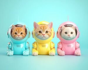 Obraz premium Adorable Cats in Colorful Space Helmets Against a Soft Blue Background