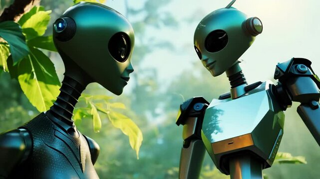 Advanced humanoid robots standing in a vibrant, verdant forest setting