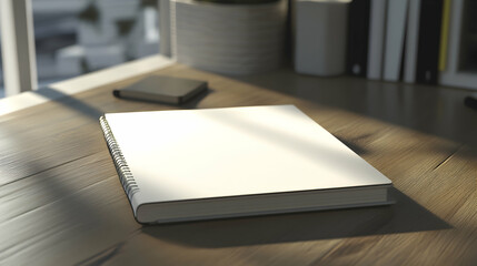  A white hardcover notebook placed on a modern wooden desk, alongside a black smartphone, symbolizing an organized and professional workspace
