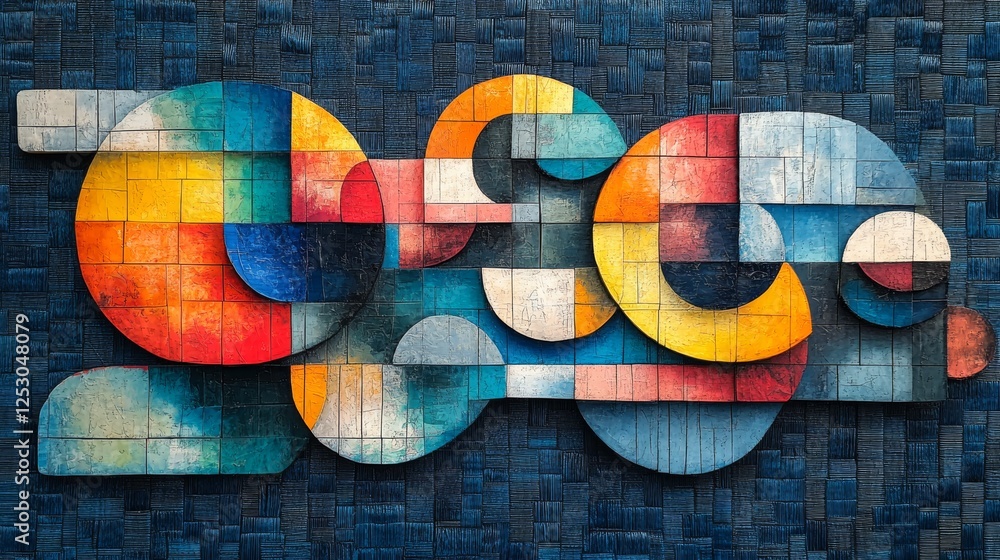 Poster chromatic assemblage, an array of textured circular forms on deep blue weave