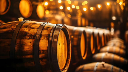 A sophisticated whiskey barrel aging room with warm golden lighting reflecting off polished wooden barrels