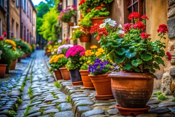 Obraz premium Macro Photography: Colorful Pots Overflowing on a Cobblestone Street