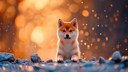 Obraz premium Adorable Shiba Inu Puppy Sitting on Rocky Ground with Glowing Bokeh in Autumn Background