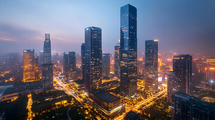 A stunning view of a modern skyscraper district at night, illuminated by soft golden lights, capturing the futuristic cityscape