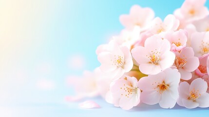 Fototapeta premium Beautiful Pink Cherry Blossom Flowers Blooms on Soft Blue Background with Gentle Light Effects in Spring Season