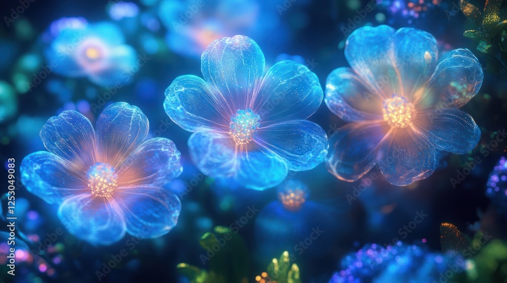 Poster ethereal blue flowers with glowing petals in an abstract dreamy background of soft colors and lights