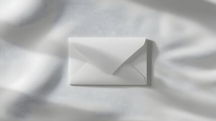 A plain white envelope resting on a soft white fabric, creating a clean and elegant look.