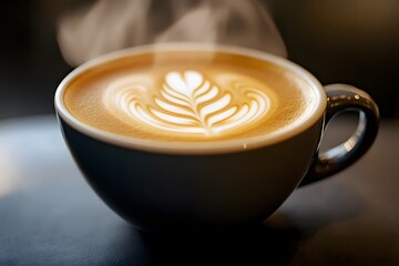 A high-definition image of a sleek coffee cup with an elegant design, filled with a robust brew and detailed with soft, rising steam.
