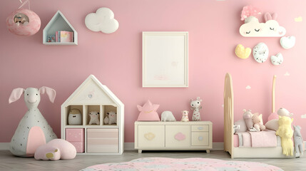 A children's room wall decor with a white blank frame, soft pastel tones, and cloud-shaped decorations, creating a playful and cozy environment.