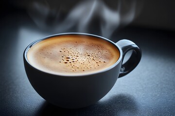 A high-definition image of a sleek coffee cup with an elegant design, filled with a robust brew and detailed with soft, rising steam.